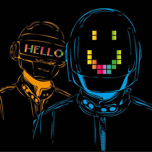 兩個機器人人物戴著發光頭盔，一個顯示 hello，另一個顯示彩虹笑臉。