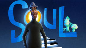 動畫男子與靈魂在「SOUL」標題和鋼琴鍵旁。