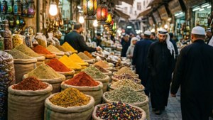 在繁忙的中東市場中，一排排的香料袋，掛著燈籠，購物者經過。