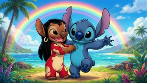 Lilo 和 Stitch 在熱帶海灘上微笑，身後有彩虹。