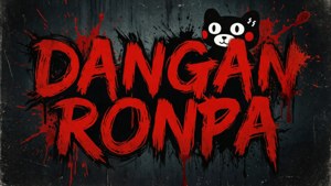 紅色塗鴉文字 Dangan Ronpa 搭配卡通貓在深色背景上。