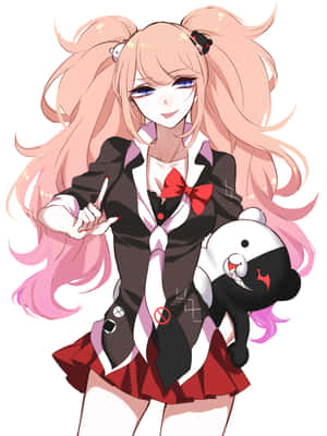 動畫女孩，粉紅色頭髮，穿著校服，抱著熊公仔。 — 彈丸論破 壁紙