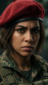 一名身穿軍服、戴紅色貝雷帽的堅定女子，目光炯炯地向前凝視。