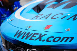 藍色賽車引擎蓋的特寫，上面有 'RACIN' 和 'WWEX.com' 文字以及一個紅色玫瑰貼紙。