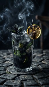 深色雞尾酒配薄荷、青檸和冰塊在石頭表面上，煙霧升起
