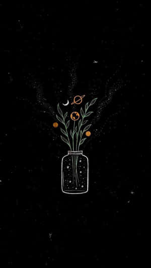 一個玻璃罐，裡面有宇宙花朵和行星漂浮在星空夜空中。