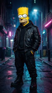 巴特·辛普森穿著黑色皮褸，夜晚站在一條霓虹燈照亮、雨水浸濕的小巷中。