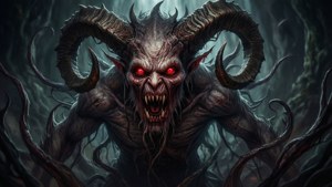 一個帶有巨大彎曲角和發光紅眼的惡魔生物，威嚇地站在黑暗森林中。