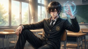 穿著校服的動漫學生在教室裡讓一個發光的球體漂浮。
