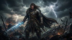 一位手持發光劍的戰士站在雷電交加的暴風雨戰場上。