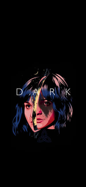 一個分裂的臉部插圖，帶有宇宙和地球的一半，包含單詞 'DARK' 和三位一體符號。