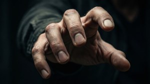 一隻粗糙的手在黑暗環境中向前伸出的特寫。