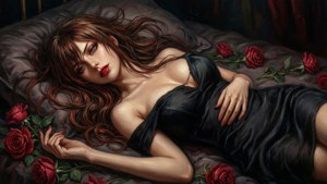 一位長棕色頭髮的女人躺在被紅玫瑰包圍的床上，穿著黑色連衣裙。