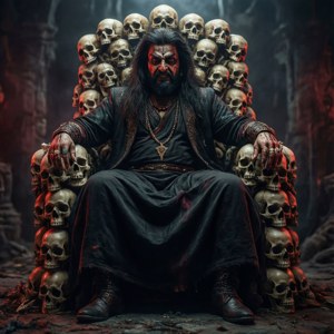 一位臉上塗有紅色顏料的惡魔之王，坐在黑暗洞穴中的頭骨王座上。