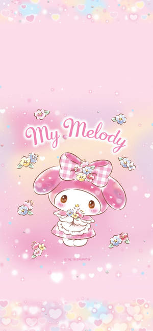 My Melody 兔子戴著粉紅色蝴蝶結，被花朵和心形包圍在柔和背景上