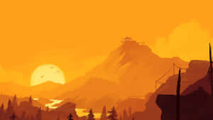 日落時分的山景，山頂上的寺廟，鳥兒在發光的太陽附近飛翔。