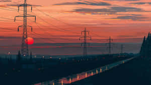 夕陽下，電線在潮濕的高速公路上延伸，橙色天空和樹木剪影。