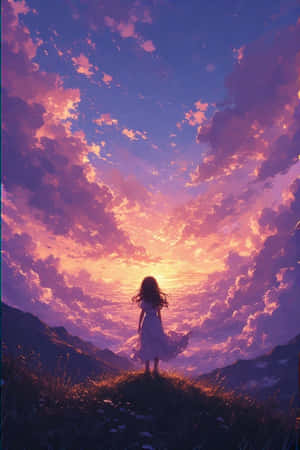 一個穿著白色連衣裙的女孩站在山上，觀看山脈上空充滿活力的紫橙色日落。