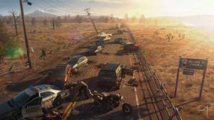 金色夕陽下，殭屍和破車的末日高速公路場景。 — 日子流逝 壁紙