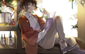 動漫男孩穿紅色和服看書，鳥棲肩上，窗邊