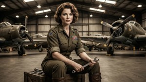 二戰女機械師在機庫中手持扳手，與飛機一起。