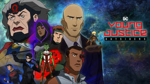 Young Justice Outsiders動畫超級英雄團隊在星空太空背景下。