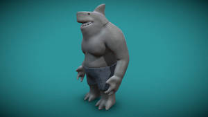 一個卡通化的3D鯊魚穿著短褲微笑。