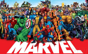 一大群Marvel超級英雄和反派與MARVEL標誌一起擺姿勢。