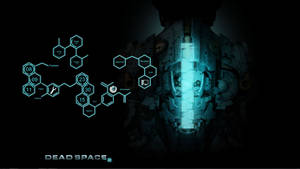 在 Dead Space 2 遊戲場景中，黑暗裝甲人物上方的發光藍色科技介面。