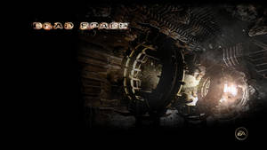 Dead Space 遊戲標題畫面，在黑暗太空船中發光的機械。