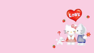 兩個Hello Kitty角色與一隻貴賓犬和一個標有LOVE的心形氣球，背景為粉紅色。
