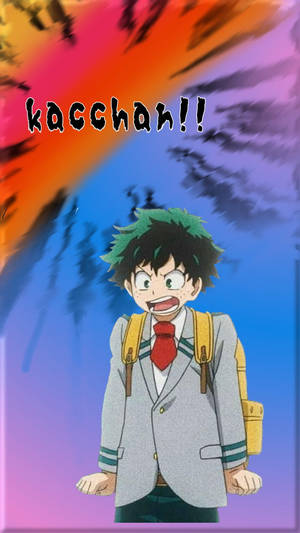 穿著校服的動畫男孩在彩色背景前大喊 kacchan