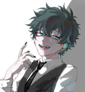 動漫角色，擁有青色頭髮和綠色眼睛，微笑著觸摸臉部。 — 動漫男孩 壁紙