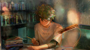 動畫男孩在書桌前學習，身後窗戶有雨。