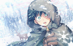 雪地森林中身後有鹿的動漫男孩