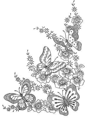 四隻蝴蝶和花朵的裝飾性線條藝術角落設計。 — Kindle Paperwhite 壁紙