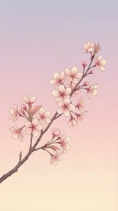櫻花枝條，粉紅色花朵，映襯著柔和漸變的天空。