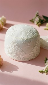 白色蕾絲軟墊凳，粉紅色背景上散落著粉彩花朵。