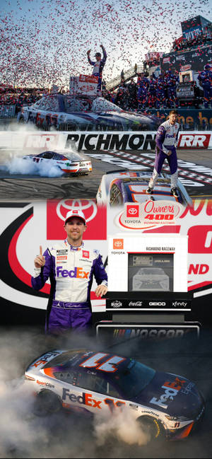 NASCAR車手用彩紙和賽車冒出的煙霧慶祝比賽勝利。