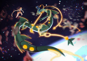 一條綠色龍帶著金色鎖鏈在行星上方的太空中飛行。