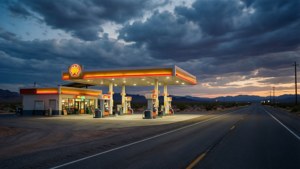 一間Shell加油站喺沙漠公路嘅黃昏時分被照亮，背景有山脈。