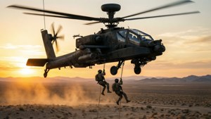 兩名士兵在日落時分從阿帕奇直升機上沿繩索降落到沙漠
