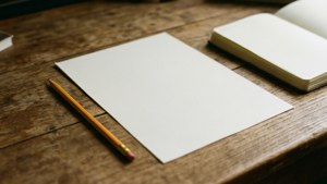 用於書寫或繪畫的木桌上的白紙、鉛筆和筆記本。