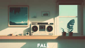 一個復古手提音響和盆栽植物放在窗邊沐浴在陽光下的架子上，上方有裱框的藝術品。