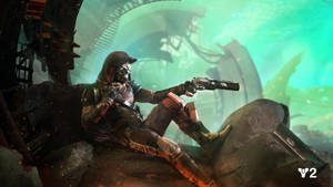 一個未來戰士身穿暗色盔甲，在發光綠色背景的岩石廢墟中瞄準手槍。