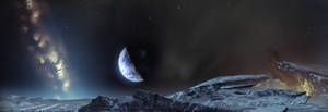 外星月球上觀看地球在星空升起的太空人