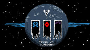 像素星球，有三個發光的門和文字 eyes up guardian 在太空中。