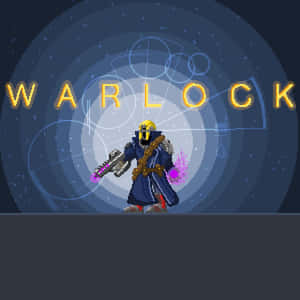 像素化的術士，在太空中有發光的紫色武器、同心圓和WARLOCK字樣。