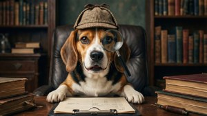 比格犬偵探戴獵鹿帽手持放大鏡在書桌前與書