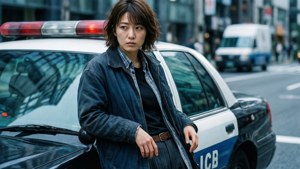 一個穿著牛仔外套的女人靠在一輛警車上，身處城市街道。
